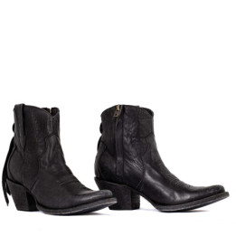 Boots à franges en cuir noir vieilli - La concha black - Santiags femme