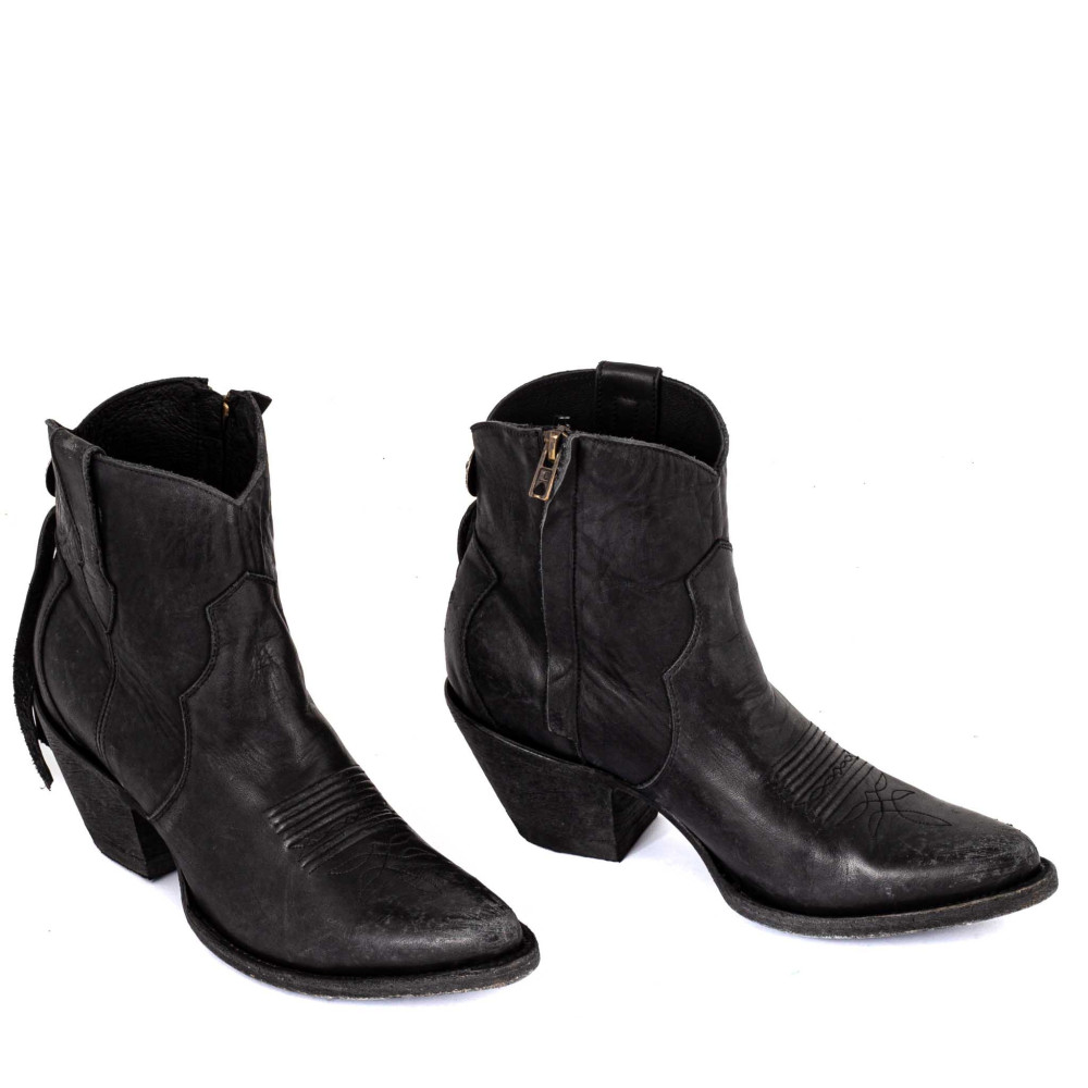 Boots à franges en cuir noir vieilli - La concha black - Santiags femme