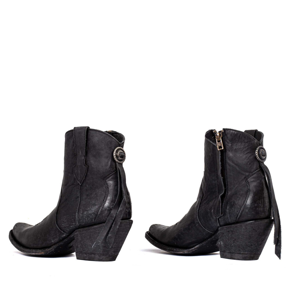 Boots à franges en cuir noir vieilli - La concha black - Santiags femme
