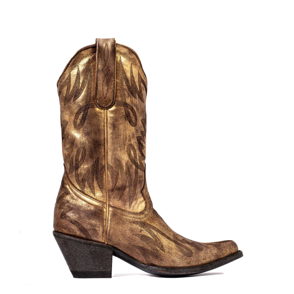 Bottes Santiags en cuir dorés et surpiqûres western - Coachella gold used - Santiags femme