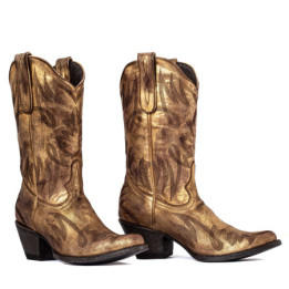Bottes Santiags en cuir dorés et surpiqûres western - Coachella gold used - Santiags femme