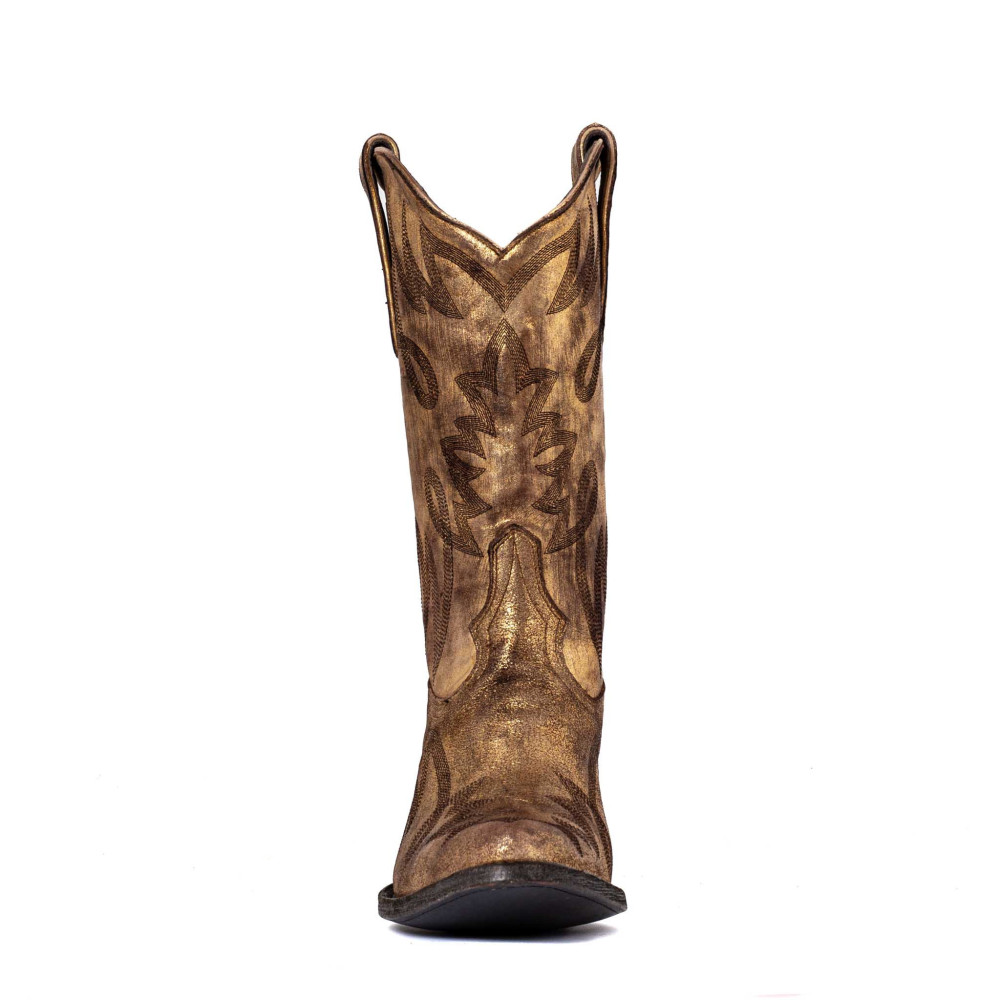Bottes Santiags en cuir dorés et surpiqûres western - Coachella gold used - Santiags femme