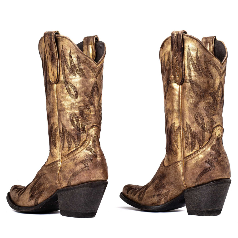 Bottes Santiags en cuir dorés et surpiqûres western - Coachella gold used - Santiags femme