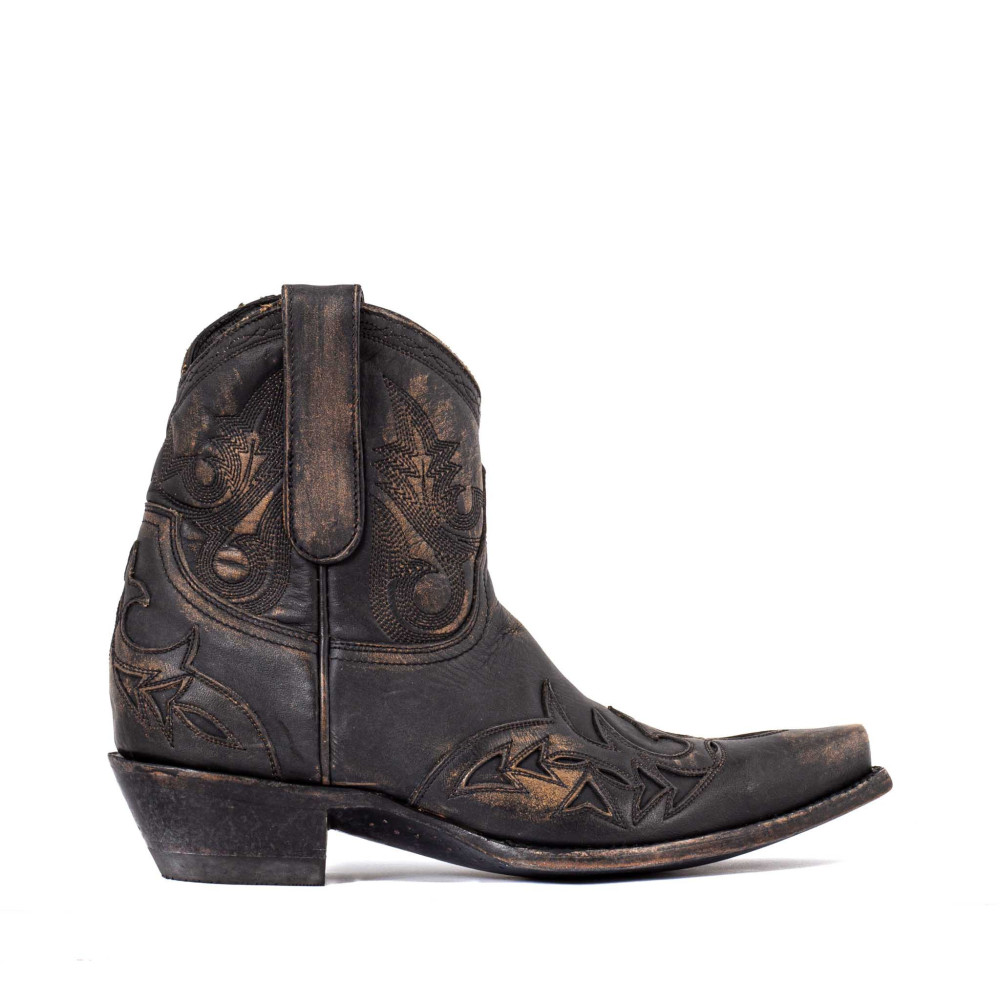 Low boots noires en cuir vieilli avec zip - Stitched beige - Santiags femme