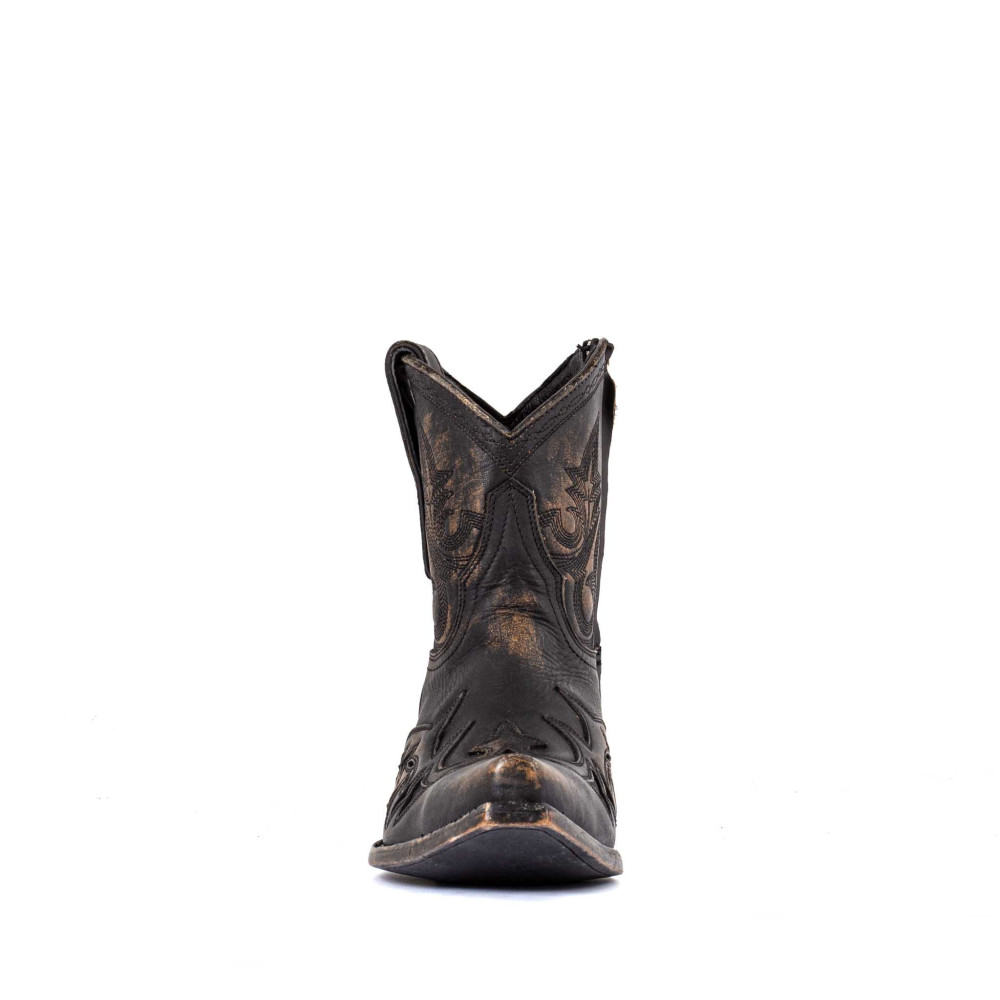 Low boots noires en cuir vieilli avec zip - Stitched beige - Santiags femme