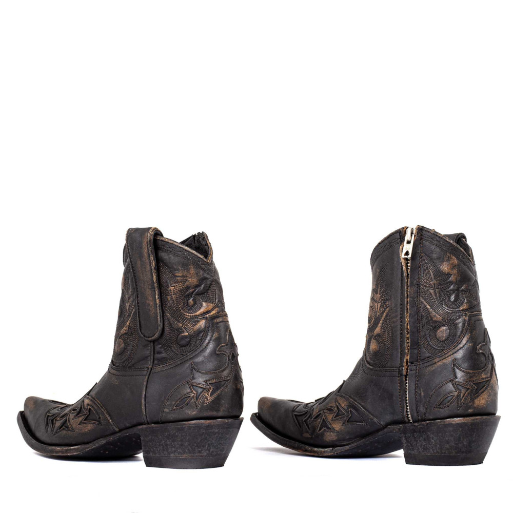Low boots noires en cuir vieilli avec zip - Stitched beige - Santiags femme