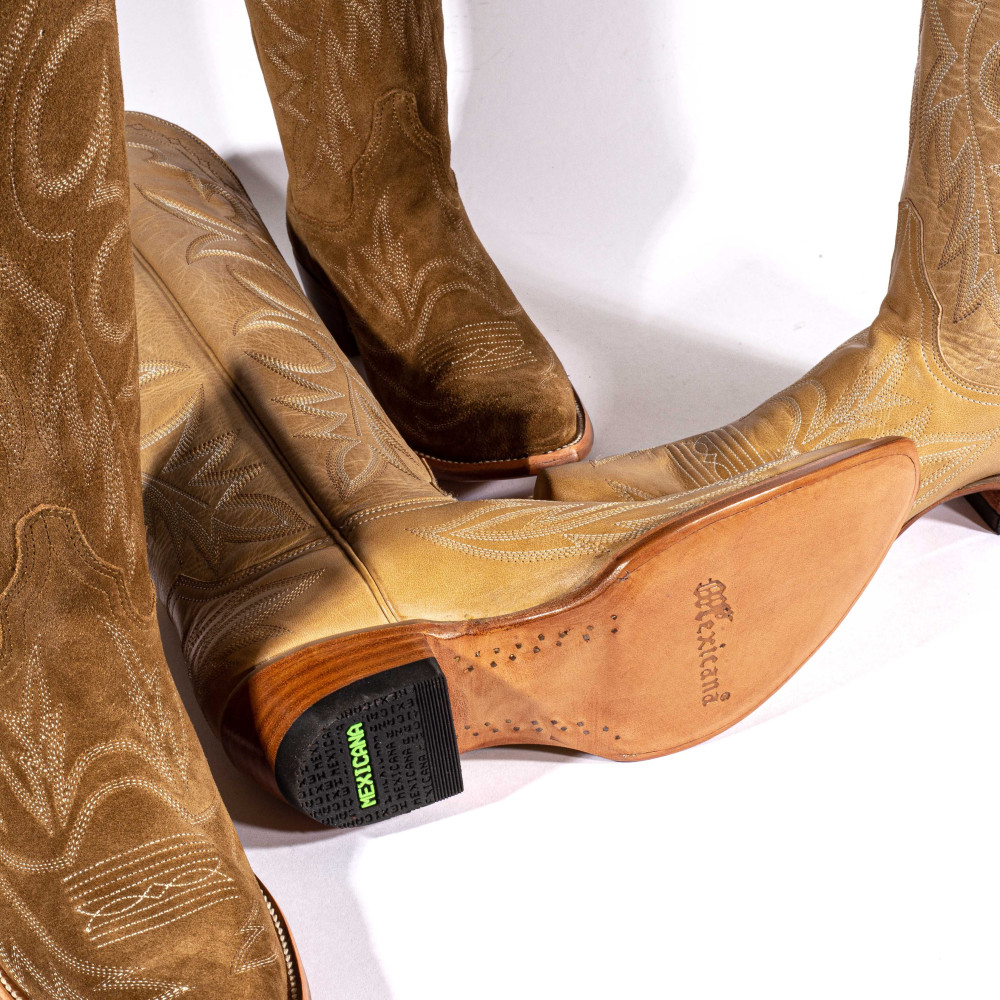 Bottes santiags beiges, surpiqures multicolores - Fantasia camel - Santiags femme