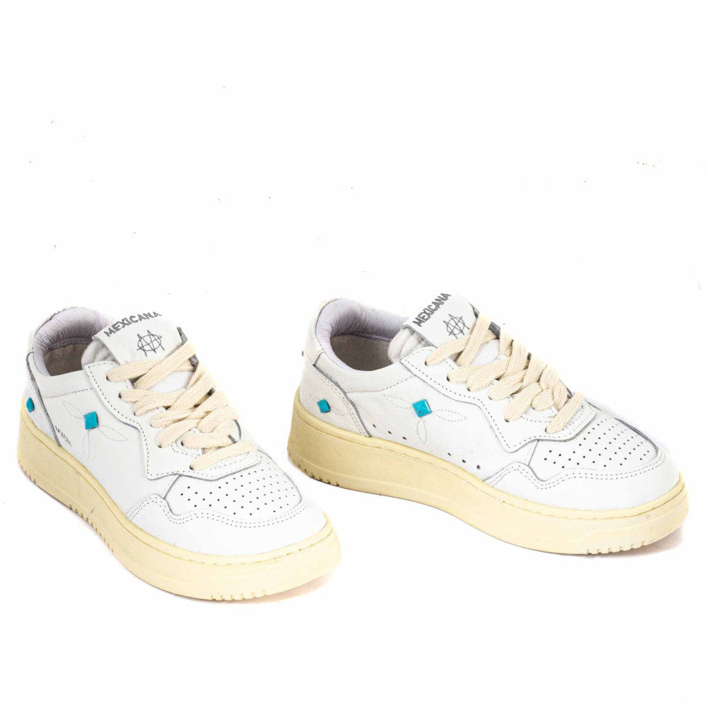 Sneakers Mexicana SANTIAGO– Cuir blanc & clous turquoise