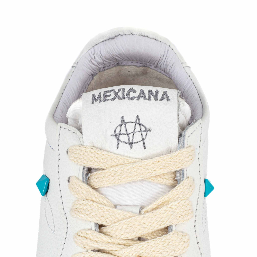 Sneakers Mexicana SANTIAGO– Cuir blanc & clous turquoise