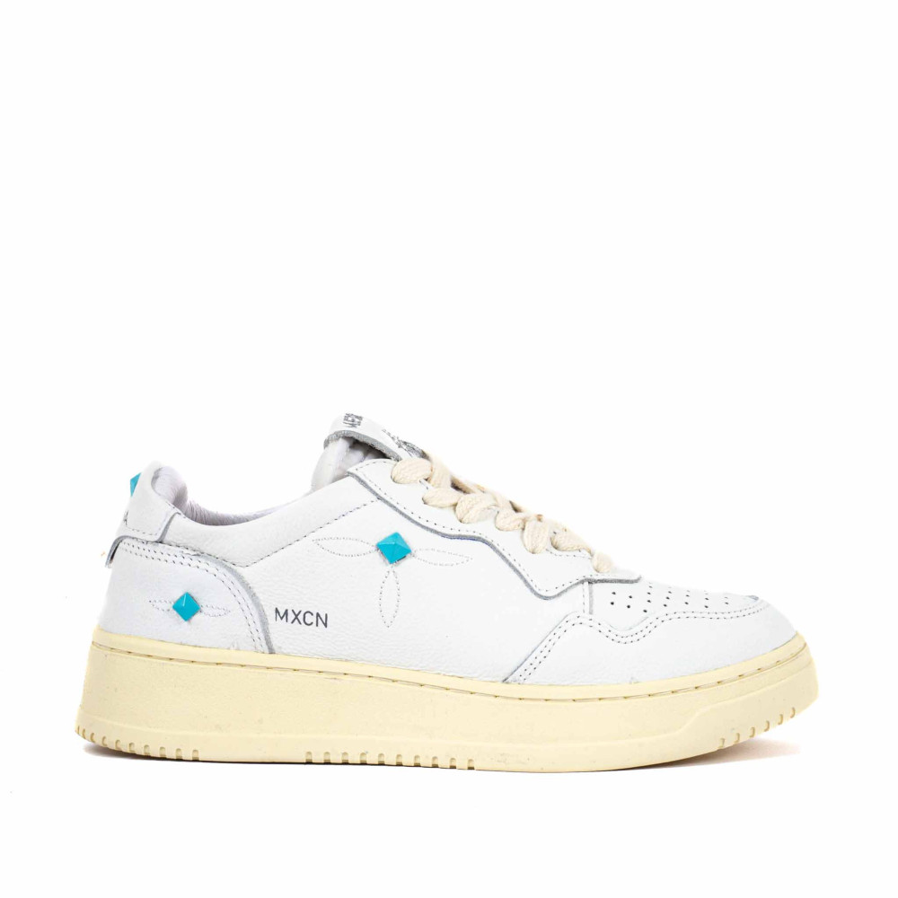 Sneakers Mexicana SANTIAGO– Cuir blanc & clous turquoise