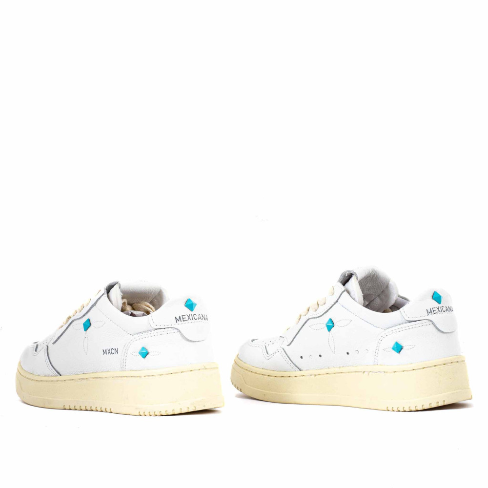 Sneakers Mexicana SANTIAGO– Cuir blanc & clous turquoise