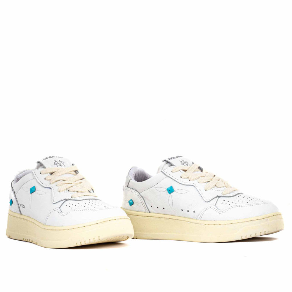 Sneakers Mexicana SANTIAGO– Cuir blanc & clous turquoise