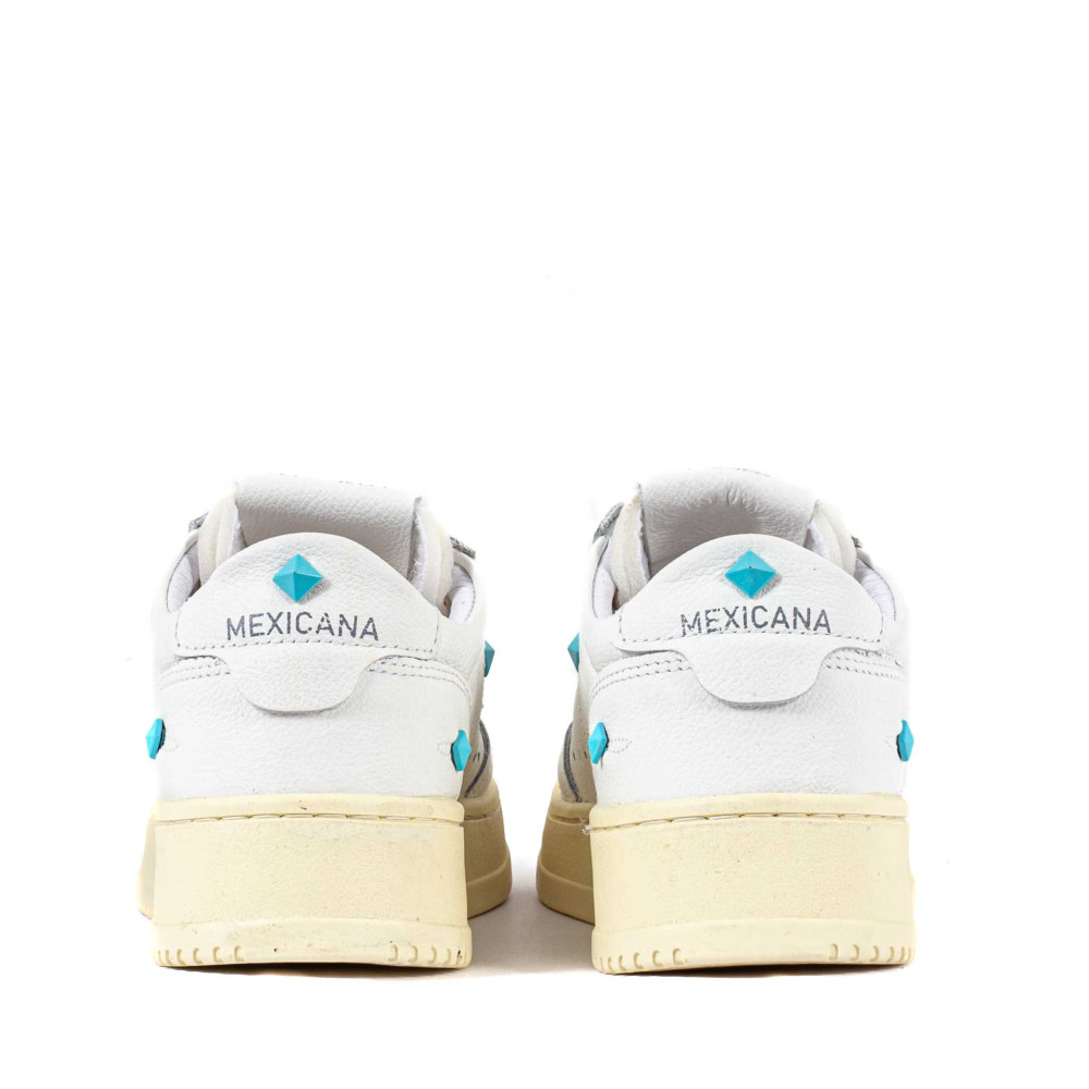 Sneakers Mexicana SANTIAGO– Cuir blanc & clous turquoise