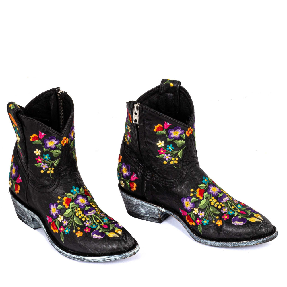Boots santiags, broderies fleurs, cuir noir - Sorazipper black  - Santiags femme