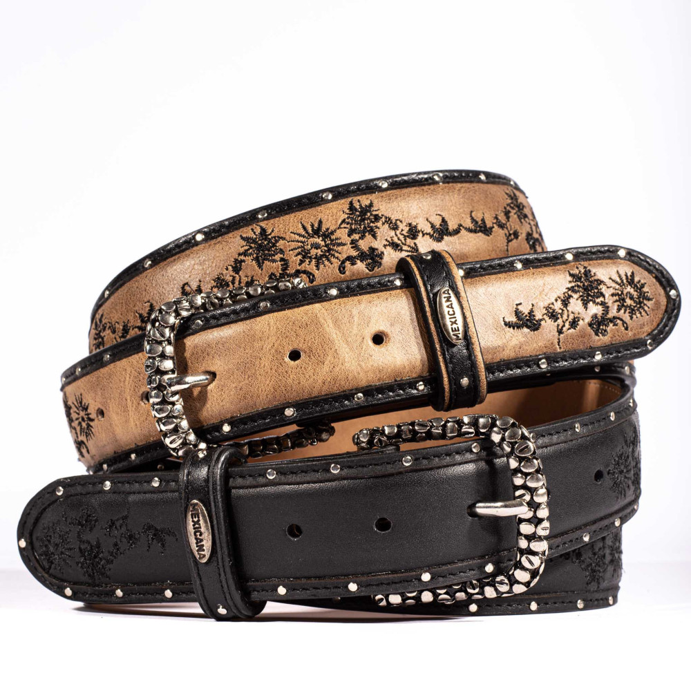 Ceinture cloutée et brodée en cuir beige, boucle interchangeable - Ultime bone