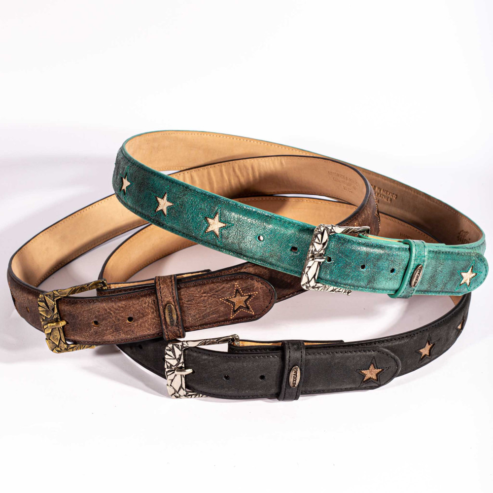 Ceinture étoile en cuir marron, boucles interchangeable - Star brass