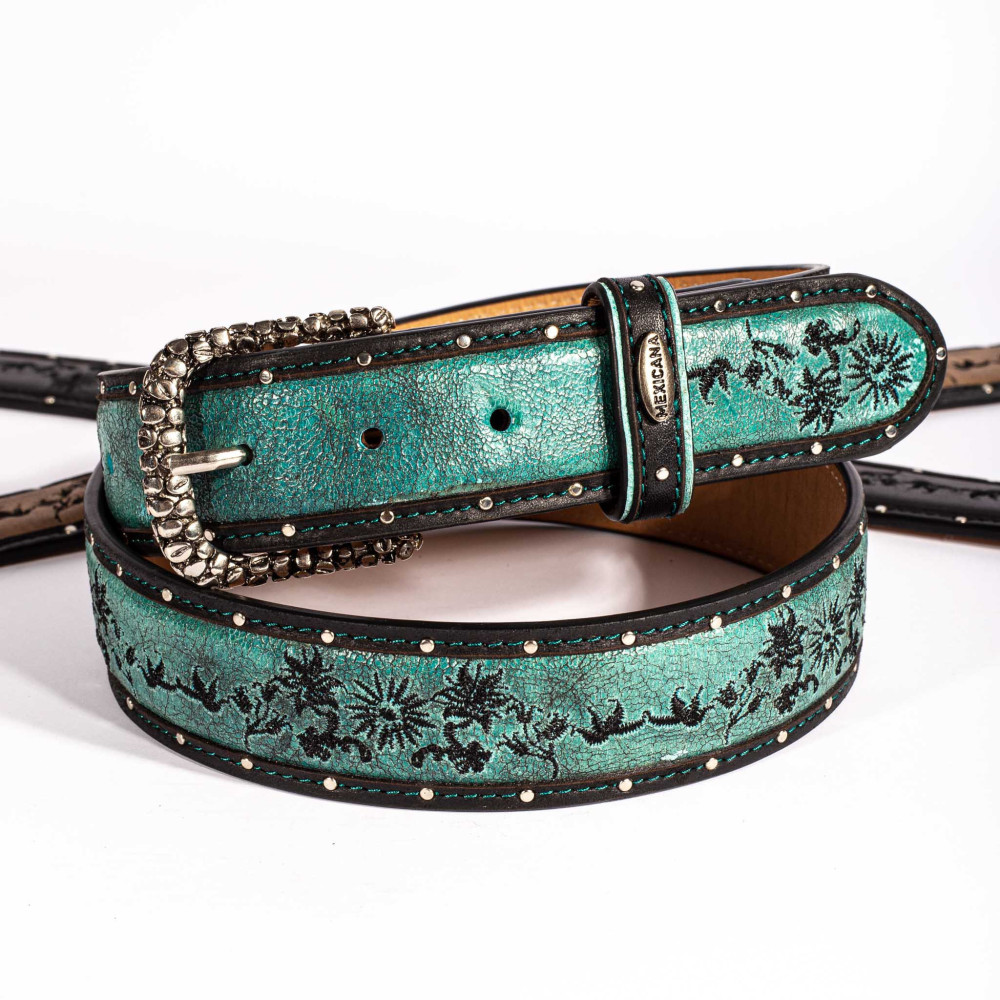 Ceinture cloutée et brodée en cuir turquoise, boucle interchangeable - Ultime sonora turquesa