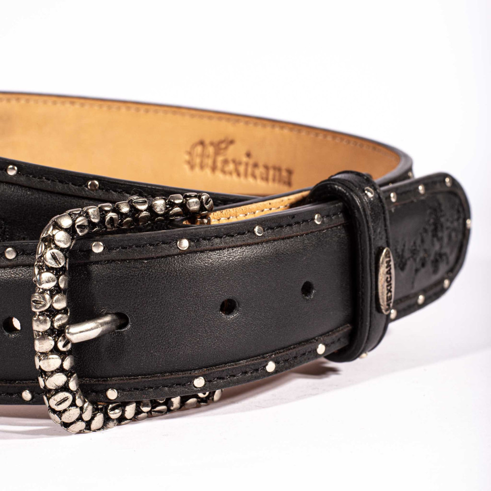 Ceinture cloutée et brodée en cuir noir, boucle interchangeable - Ultime black