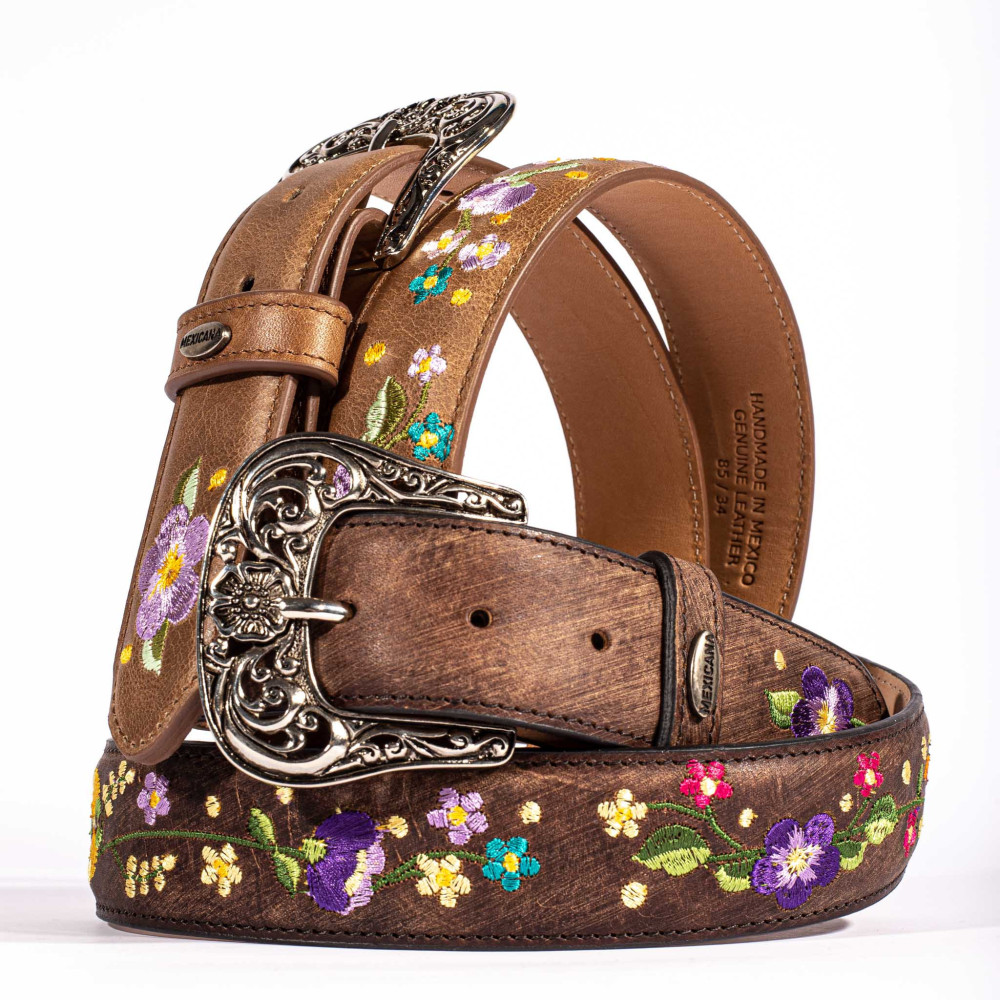 Ceinture cowboy en cuir marron avec broderie fleur et boucle interchangeable - Sora brass vesuvio