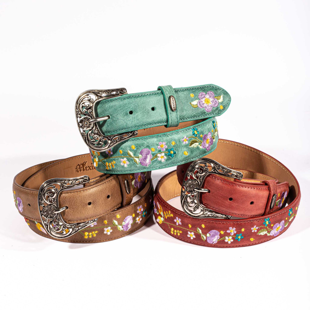 Ceinture cowboy en cuir sable avec broderie fleur et boucle interchangeable - Sora bone vesuvio