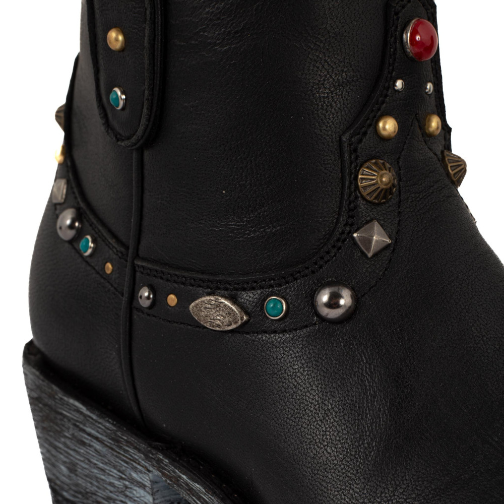 Bottines en cuir noir avec bijoux - Zacateca Brushoff - Santiags Femme