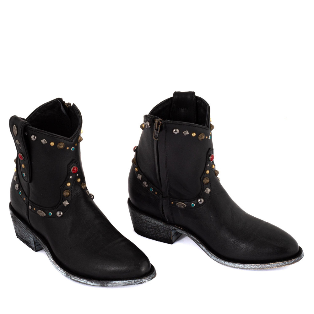Bottines en cuir noir avec bijoux - Zacateca Brushoff - Santiags Femme