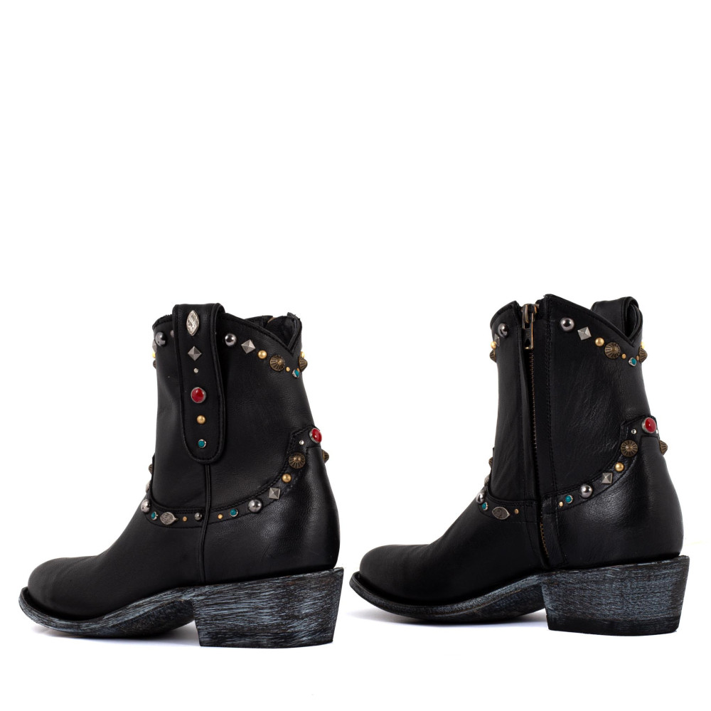 Bottines en cuir noir avec bijoux - Zacateca Brushoff - Santiags Femme