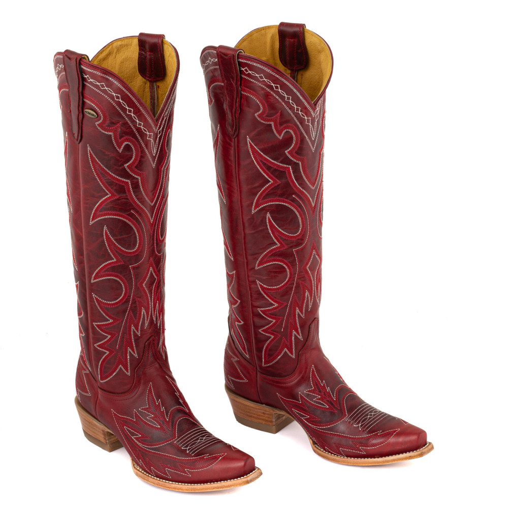 Bottes santiags en cuir rouge, surpiqures multicolores - Fantasia red - Santiags femme