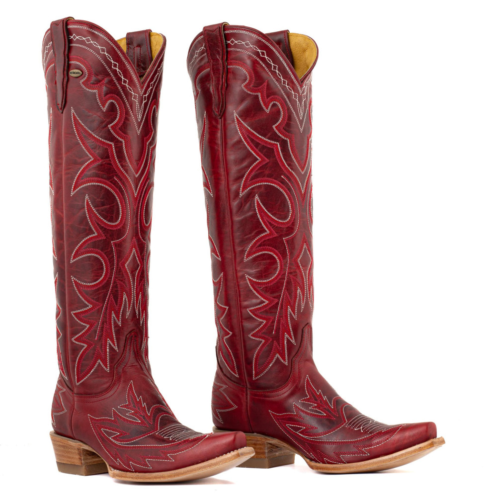 Bottes santiags en cuir rouge, surpiqures multicolores - Fantasia red - Santiags femme