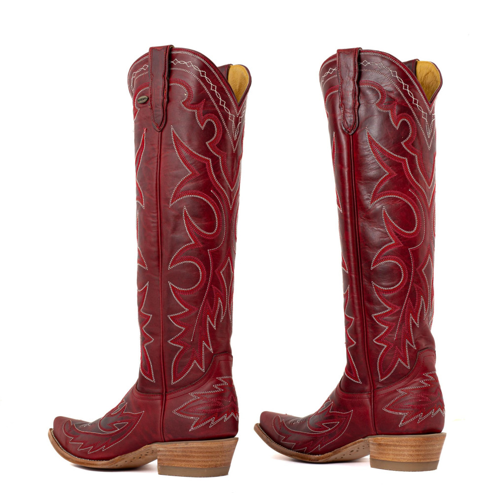 Bottes santiags en cuir rouge, surpiqures multicolores - Fantasia red - Santiags femme
