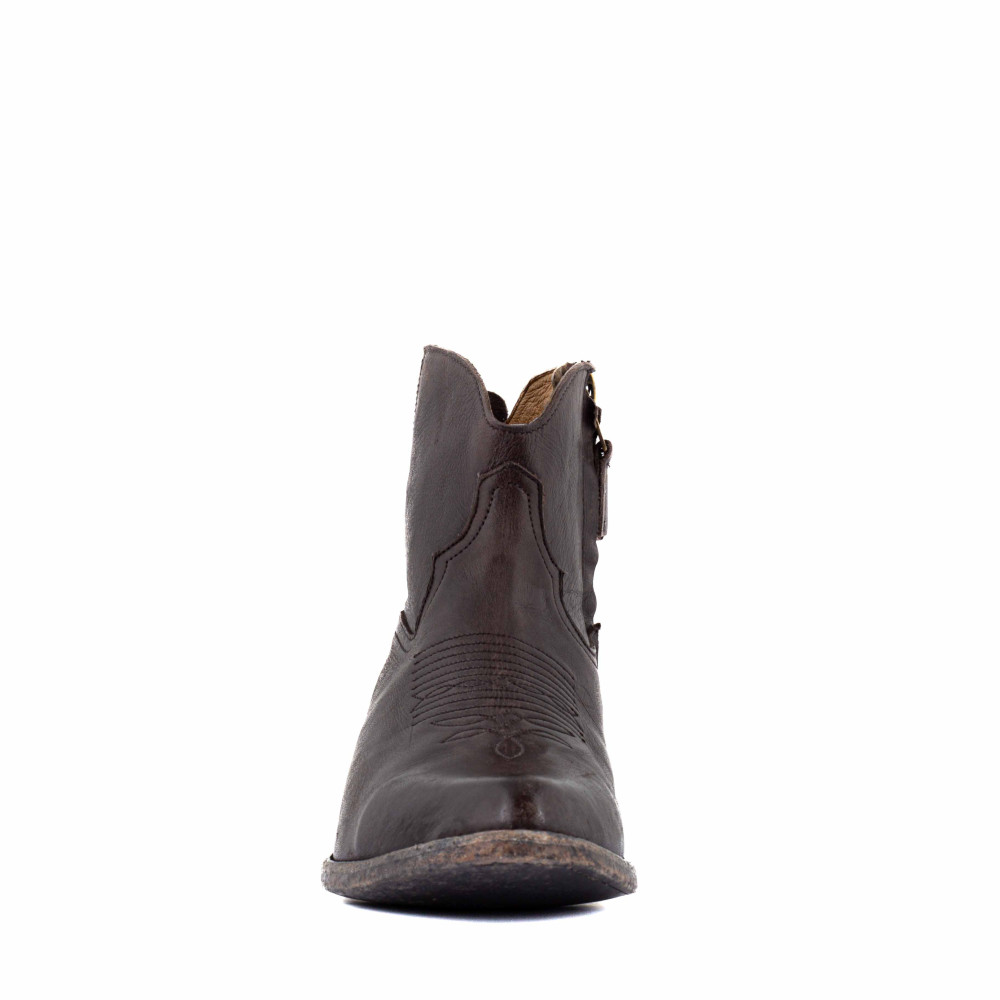 Low boots en cuir chocolat vieilli avec franges et medaillon western - Bonnie chocolate - Santiags femme