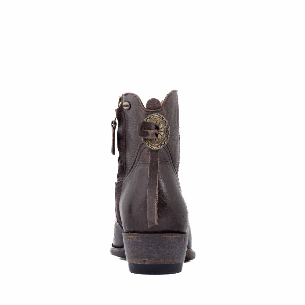 Low boots en cuir chocolat vieilli avec franges et medaillon western - Bonnie chocolate - Santiags femme