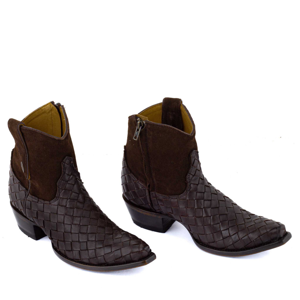 Low boots bimatieres en cuir tressé - Flare chocolate - Santiags femme