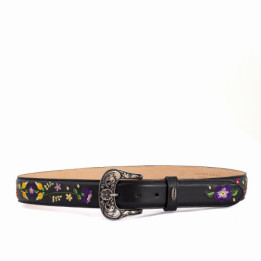 Ceinture cowboy en cuir noir avec broderie fleur et boucle interchangeable - Sora Black