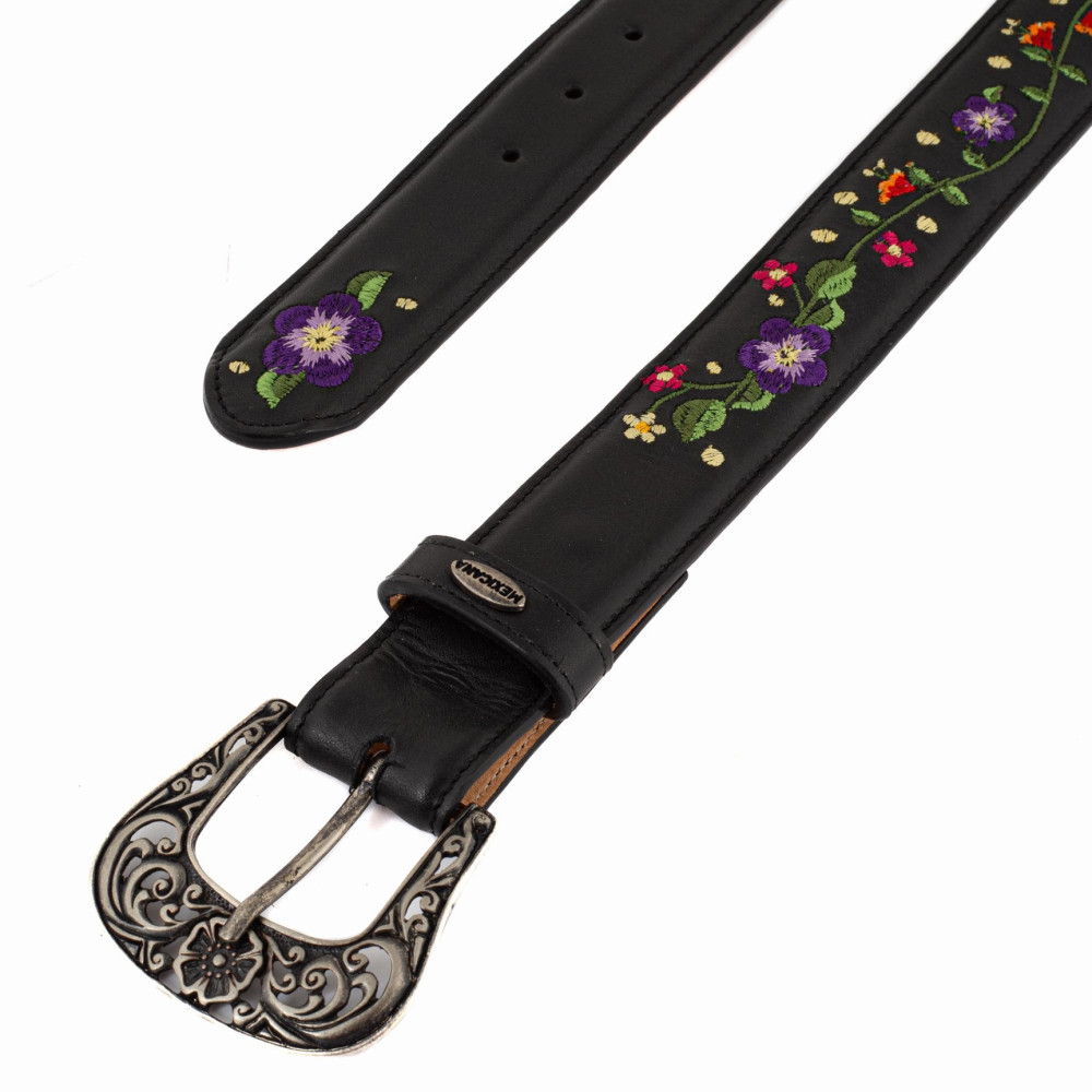 Ceinture cowboy en cuir noir avec broderie fleur et boucle interchangeable - Sora Black