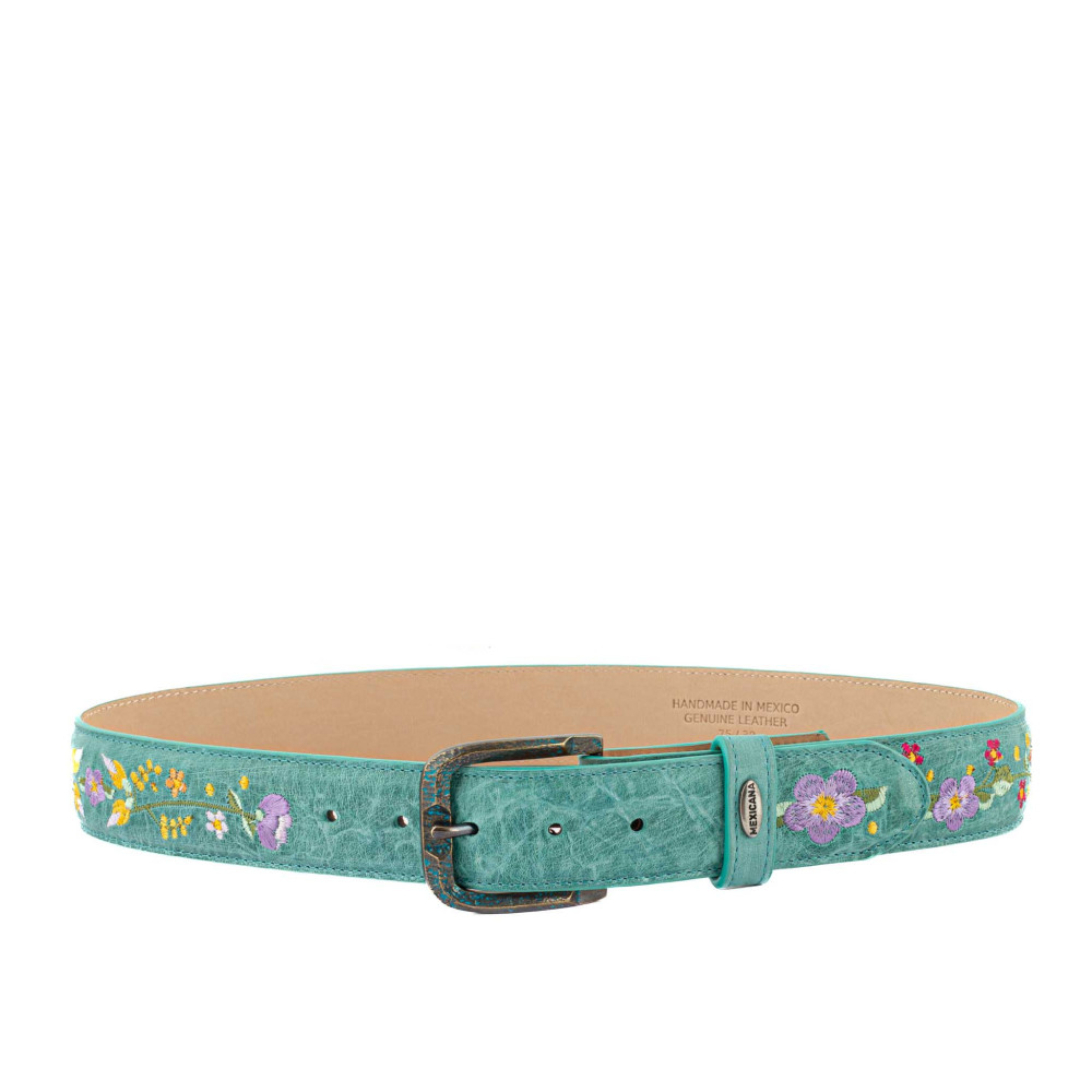 Ceinture cowboy en cuir turquoise avec broderie fleur, boucle interchangeable - Sora aqua vesuvio