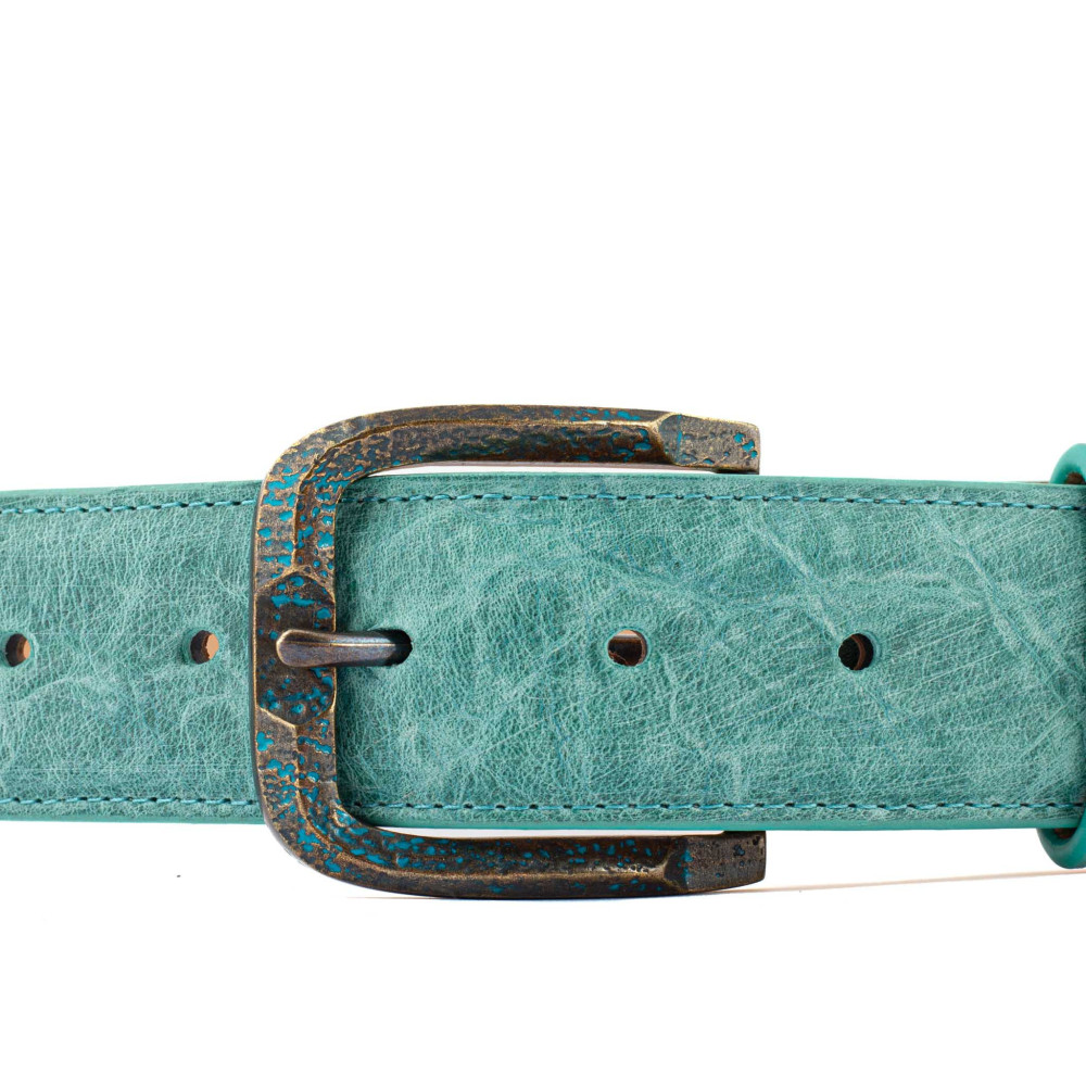 Ceinture cowboy en cuir turquoise avec broderie fleur, boucle interchangeable - Sora aqua vesuvio