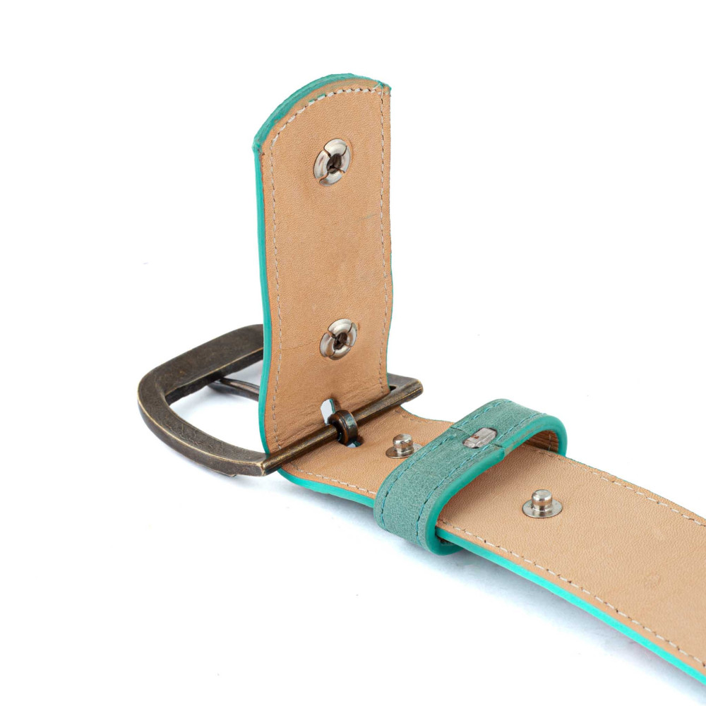 Ceinture cowboy en cuir turquoise avec broderie fleur, boucle interchangeable - Sora aqua vesuvio