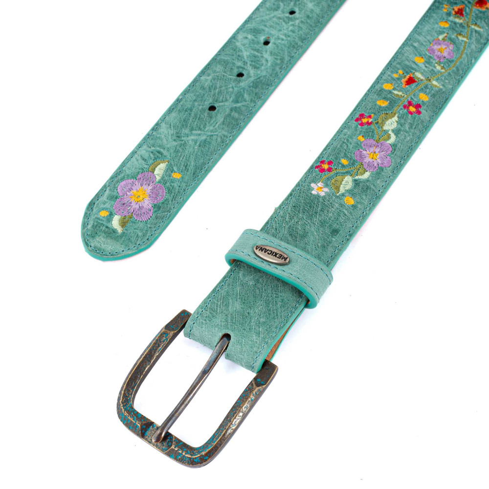 Ceinture cowboy en cuir turquoise avec broderie fleur, boucle interchangeable - Sora aqua vesuvio