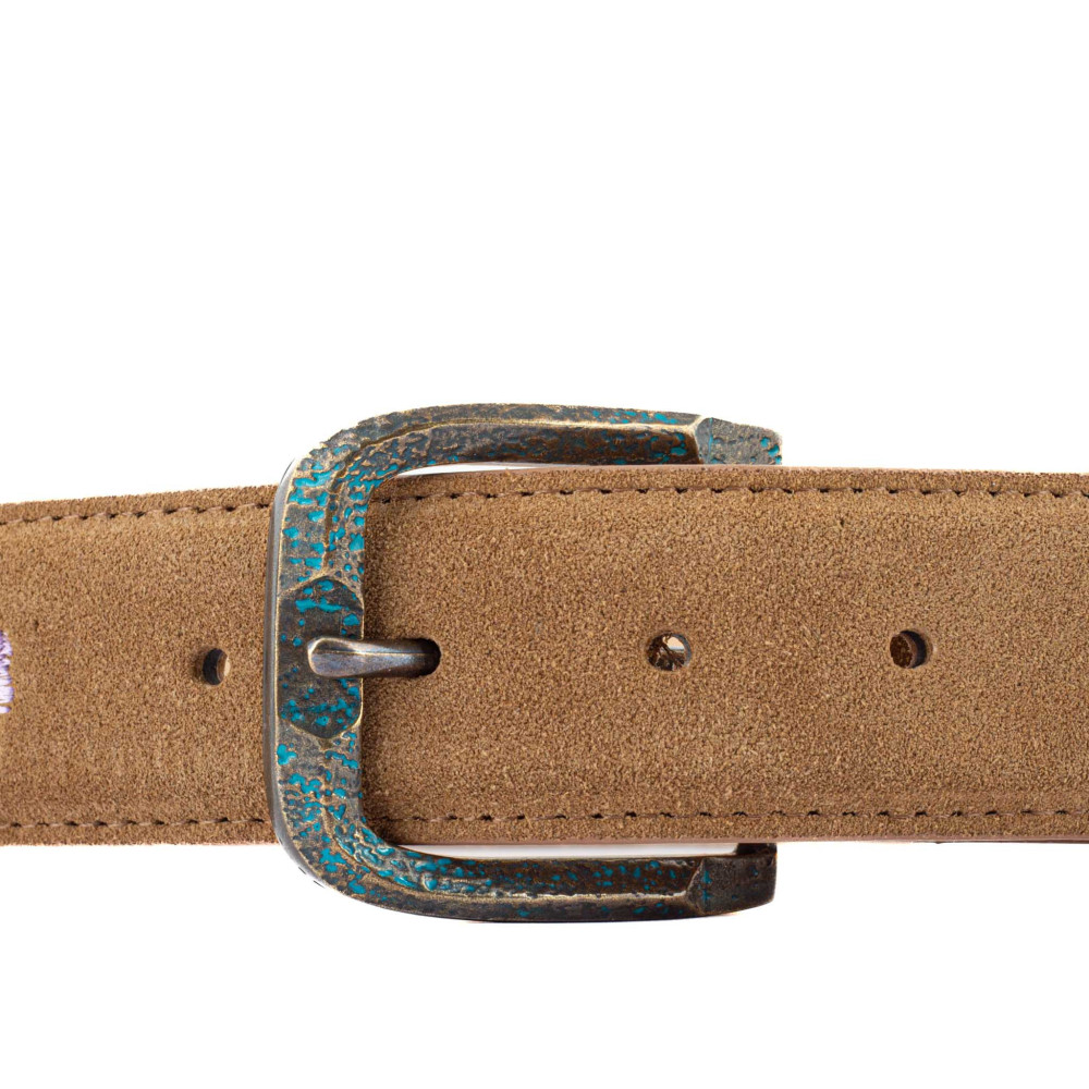 Ceinture cowboy en cuir marron tan suede broderie fleur et boucle interchangeable - Sora Tan suede