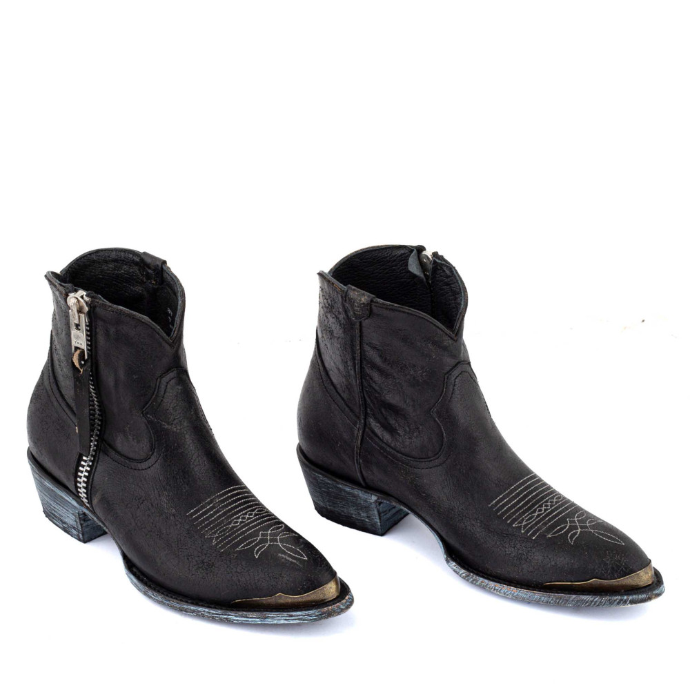 Bottines santiags en cuir noir - Melody Black crakelado - Santiags femme