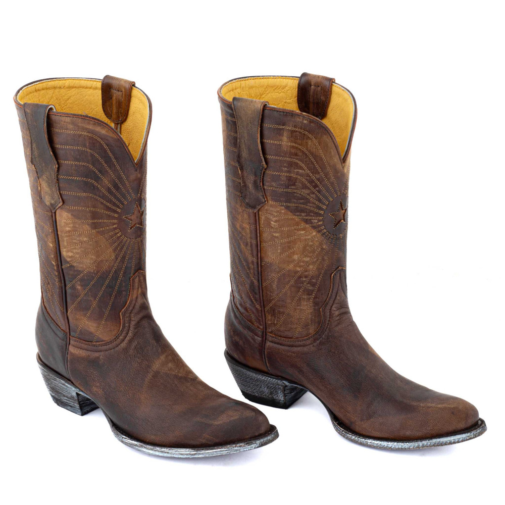 Bottes santiags en cuir marron, motif étoile - Javanaise 11 ocre Twisted - Santiags femme