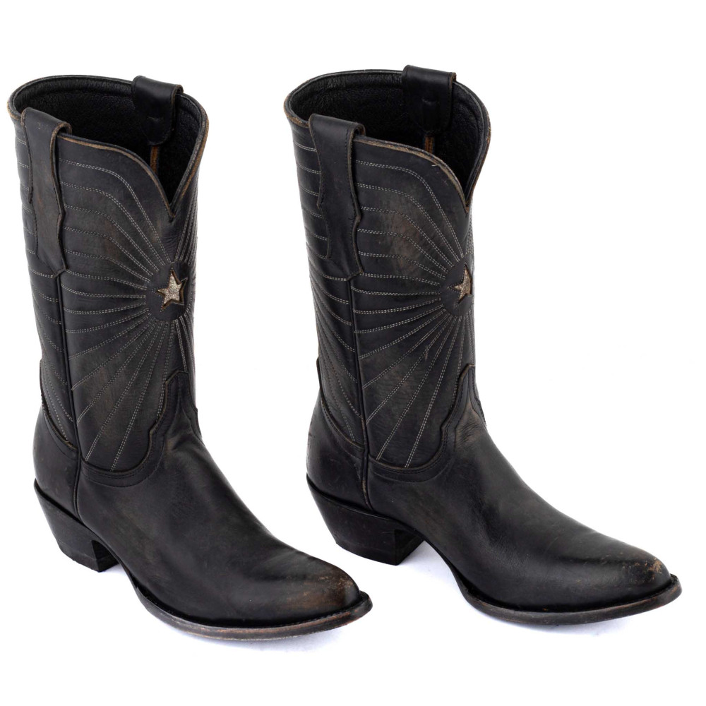 Bottes santiags en cuir noir, motif étoile - Javanaise 11 Beige black rustick - Santiags femme