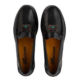 Mocassins western  en cuir écaillée avec bijou turquoise - Hampton Black embossed - Mocassins femme