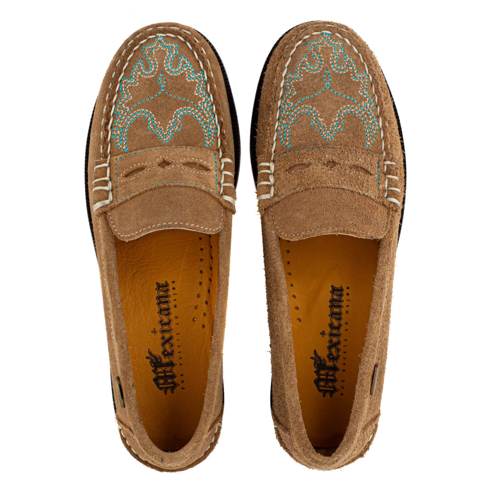 Mocassins western avec broderies multicolores - Joconde Tan Suede - Mocassins femme