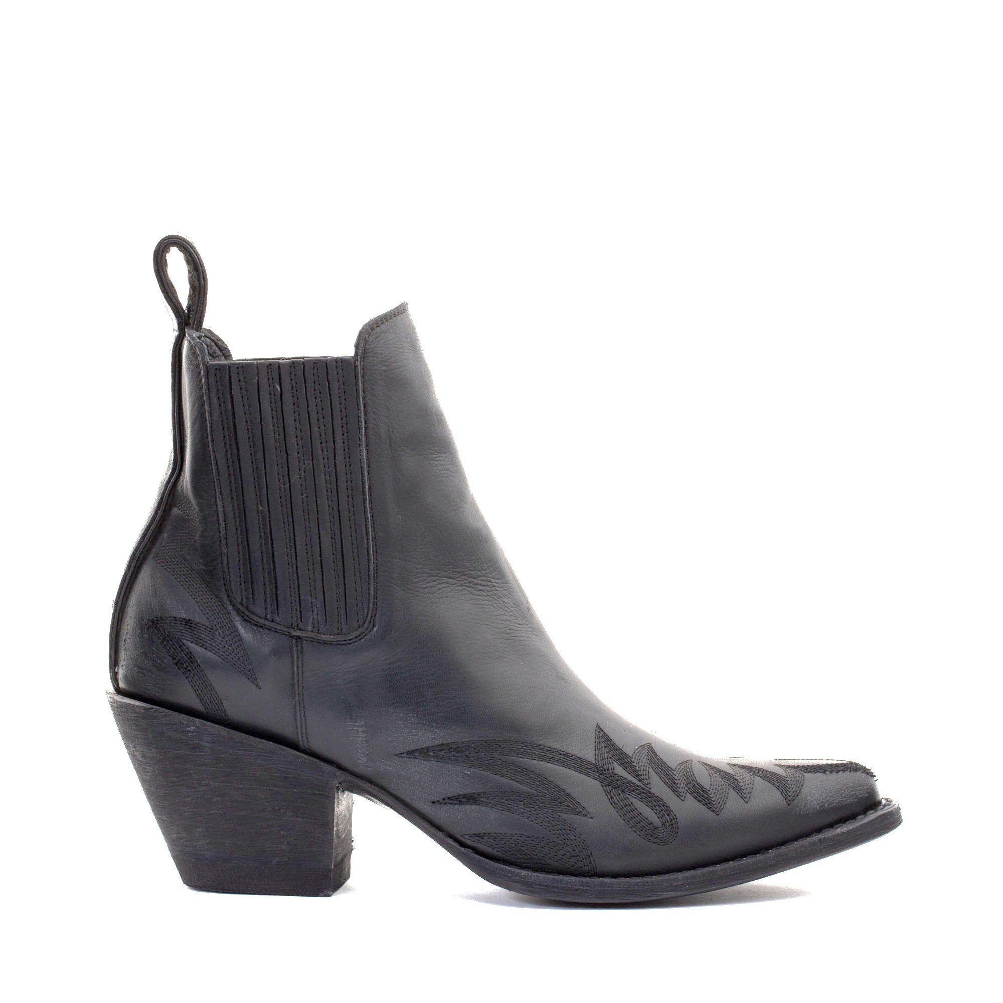 GAUCHO BLACK POINTED TOE ANKLE BOOTS FEATURING FLAMING  STITCHING, ELASTICIZED SIDES COVERED WITH LEATHER  Total heel height 2.6