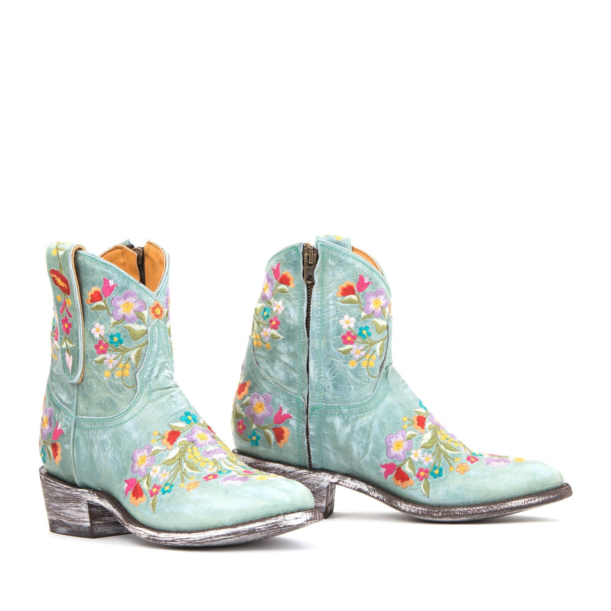 SORAZIPPER 7'' Aqua ROUNDED TOE ANKLE BOOTS WITH FLOWER STITCHING  AND SIDE ZIP CLOSURE  Total heel height 1.8 Inches  100% cow 