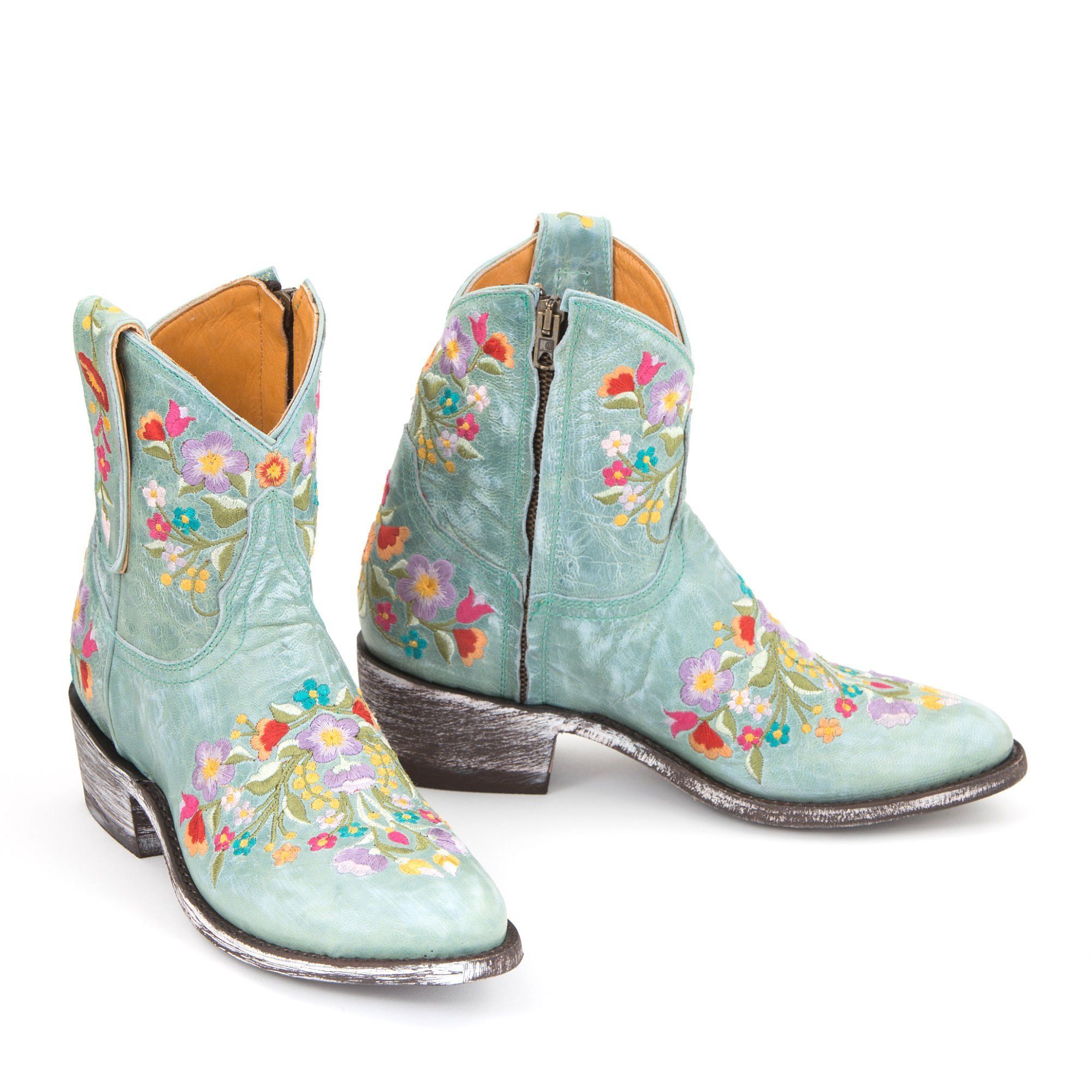 SORAZIPPER 7'' Aqua ROUNDED TOE ANKLE BOOTS WITH FLOWER STITCHING  AND SIDE ZIP CLOSURE  Total heel height 1.8 Inches  100% cow 