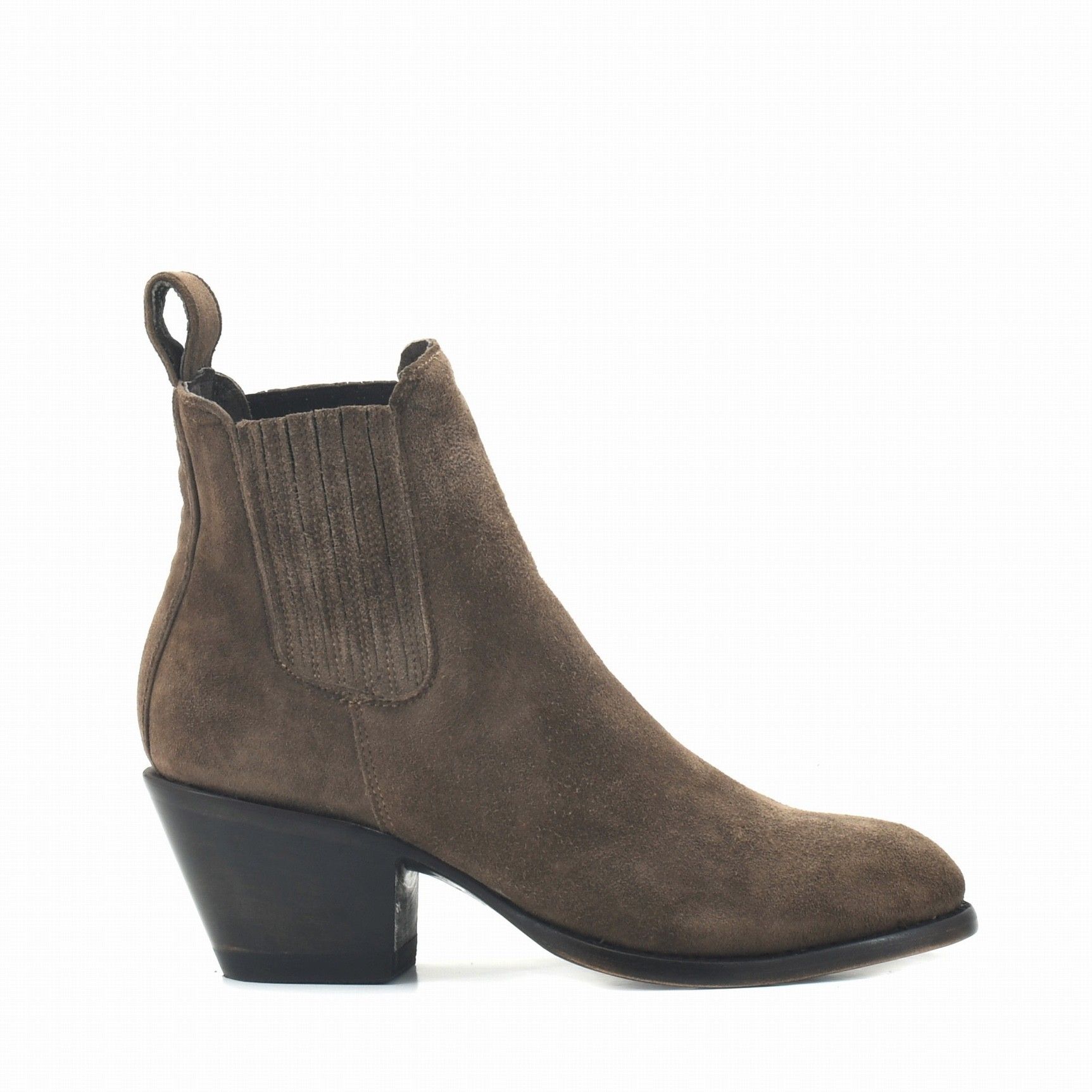 ESTUDIO BROWN SUEDE ROUNDED TOE ANKLE BOOTS FEATURING  ELASTICIZED SIDES COVERED WITH LEATHER  Total heel height 2.6 Inches  100