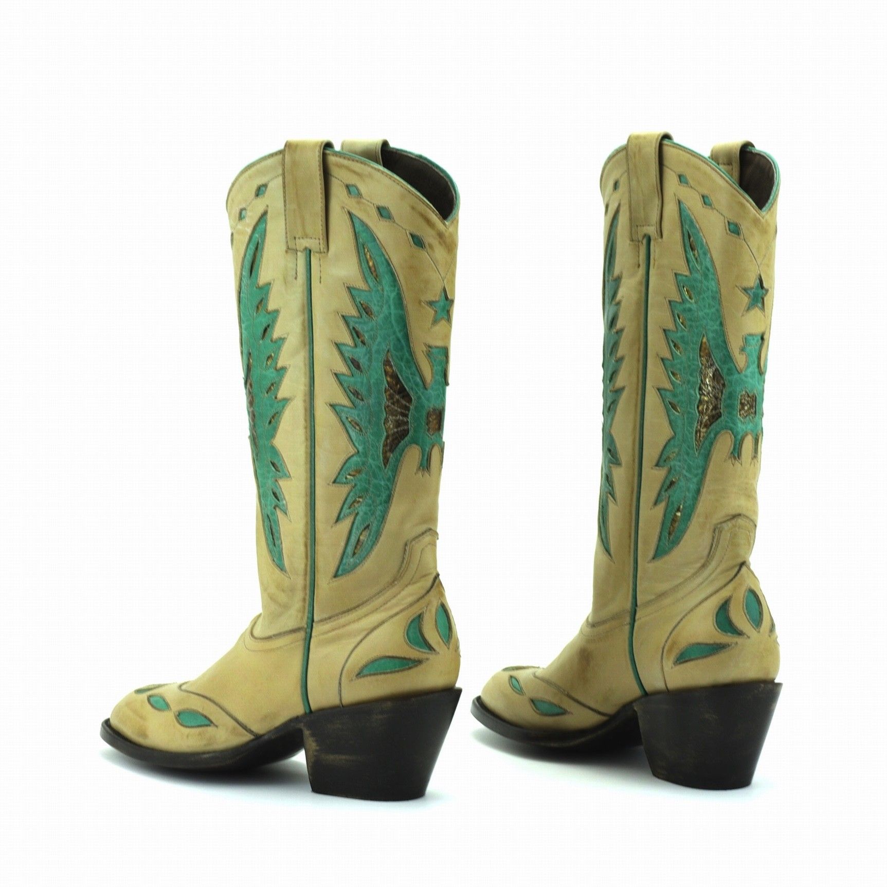 MICKEY CAMEL TURQUOISE POINTED TOE BOOTS WITH EAGLE AND  FLAMING OUTCUTS  Total heel height 2.6 Inches  100% cow leather  Color 